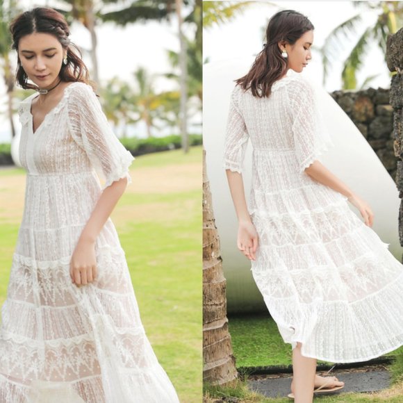 C048 Women Vintage Sexy V neck Cotton Maxi Dress Short Sleeves Clothing